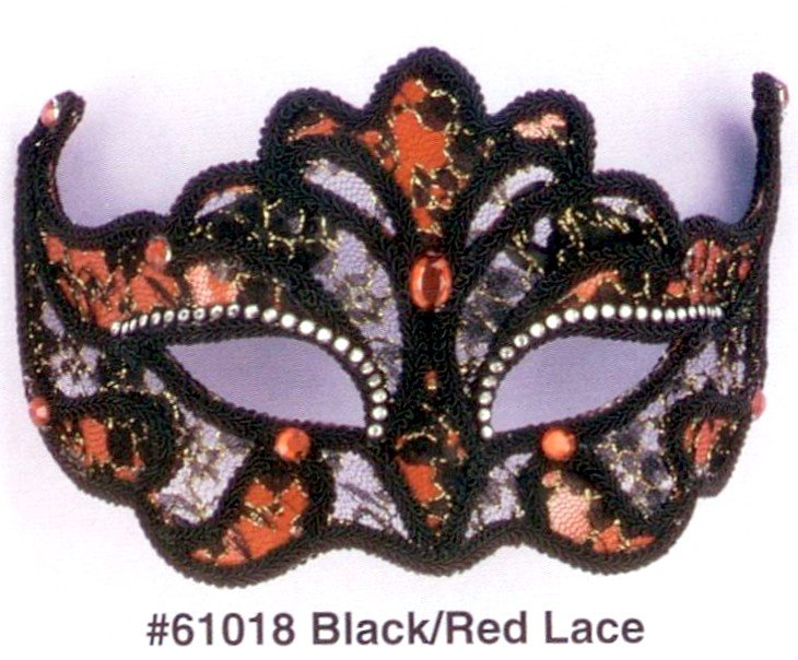 LACE HALF MASK, RED / BLACK with RHINESTONES - Click Image to Close